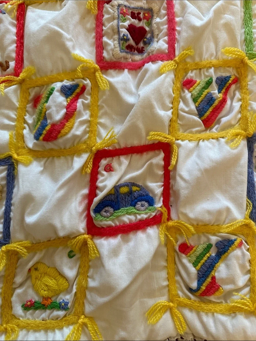 Handmade baby, toddler ABCs embroidered quilt with yellow gingham backing, 1979